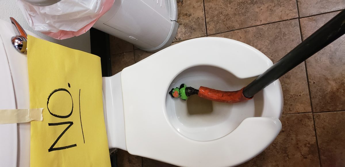 A toilet with a carrot sticking out of the bowl.